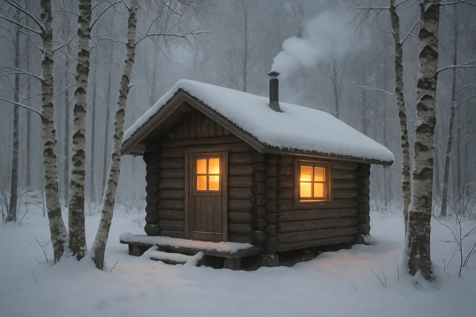 Saunamökki hangessa, kultainen ikkunavalo ja höyry